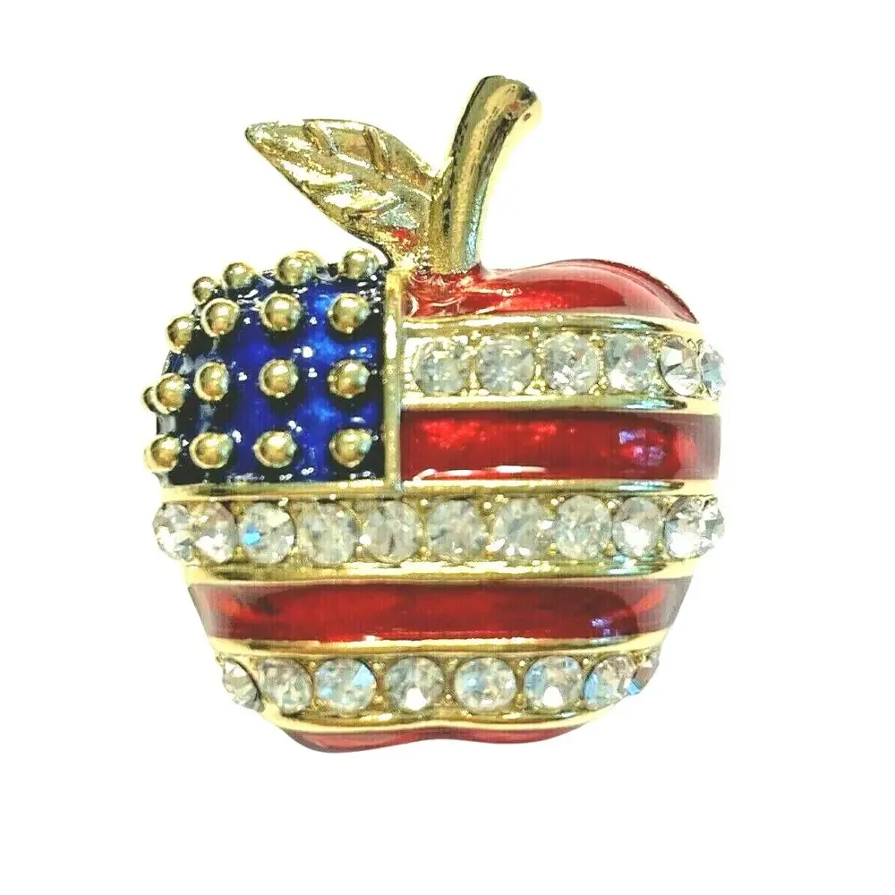 USA Patriotic Brooch Apple Shape Gold Tone Red & Blue Enamel White Rhinestones